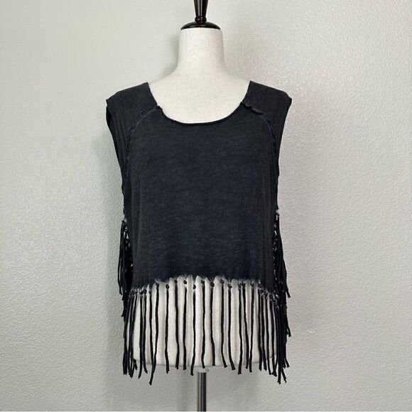 Urban Outfitters Ecote Boho Gray Mineral Wash Fringe Crop Top - Picture 1 of 11